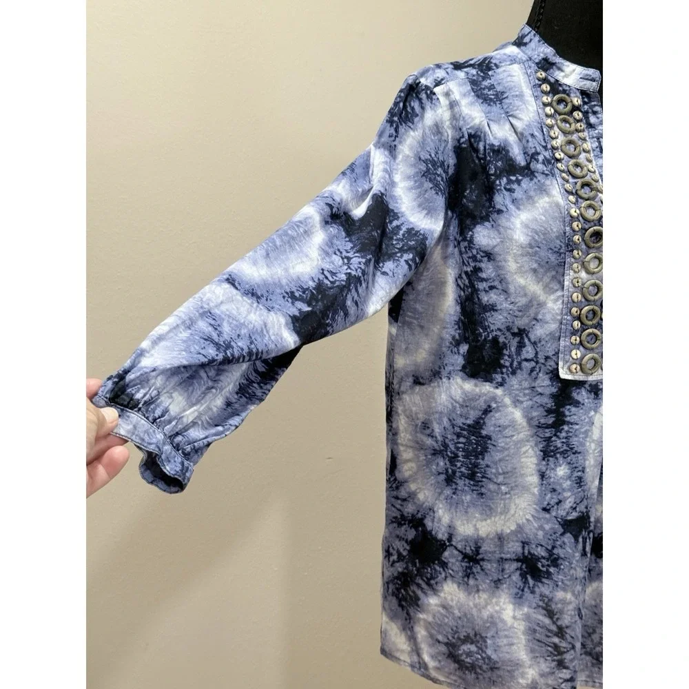 Michael Kors Top‎ M Blue Tie-Dye Beaded Bib Pleated Hippie Boho Peasant Popover